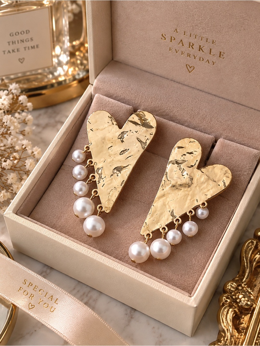 Heart Gold Pearl Drop Elegant Earrings